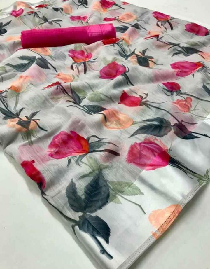 Linen Printed Cotton Sarees-SH0579