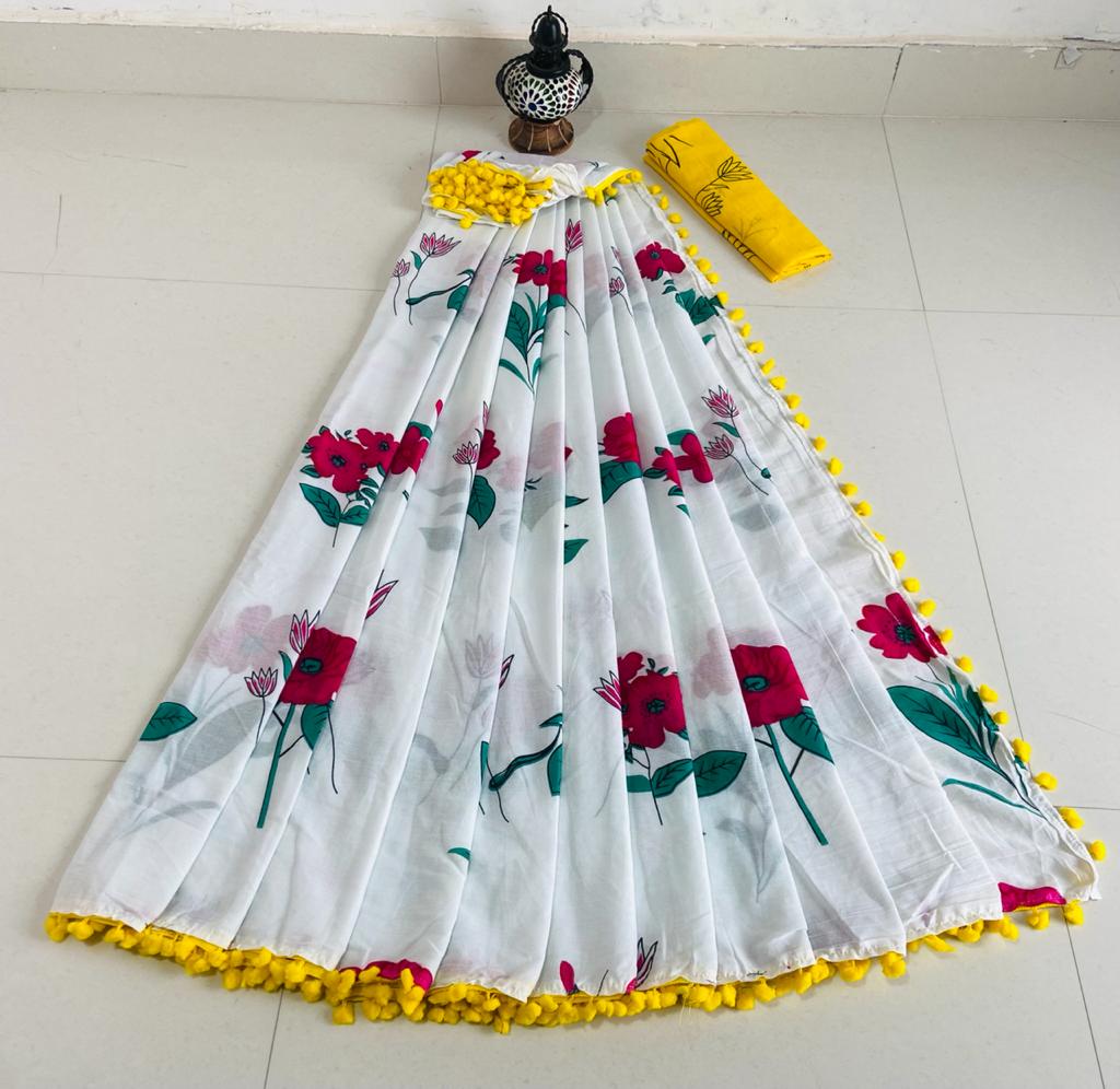 Women's Cotton Mulmul Saree With Blouse Piece-SH0563