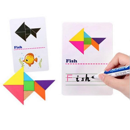 Wooden Colourful Alphabetic Tangram Letters Writing Card for Kids-SHTM1009