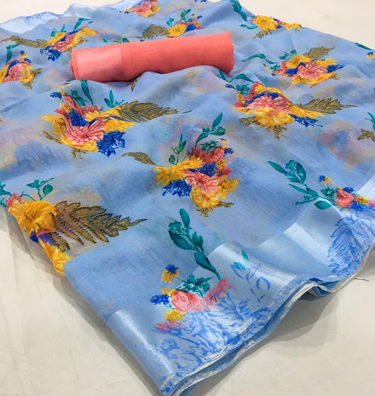 Linen Printed Cotton Sarees-SH0579