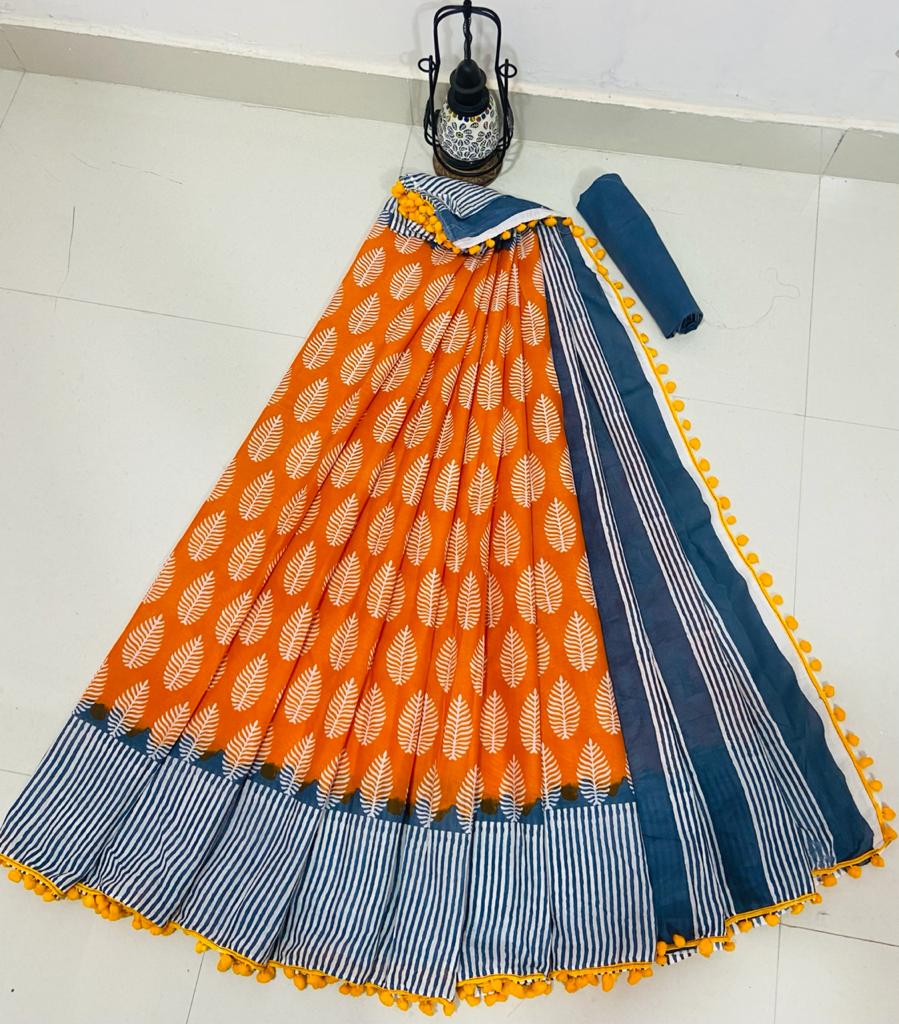 Women's Cotton Mulmul Saree With Blouse Piece-SH0563