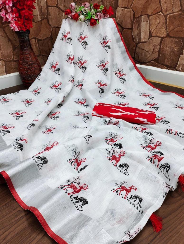 Printed Linen Saree for Women-SH0556