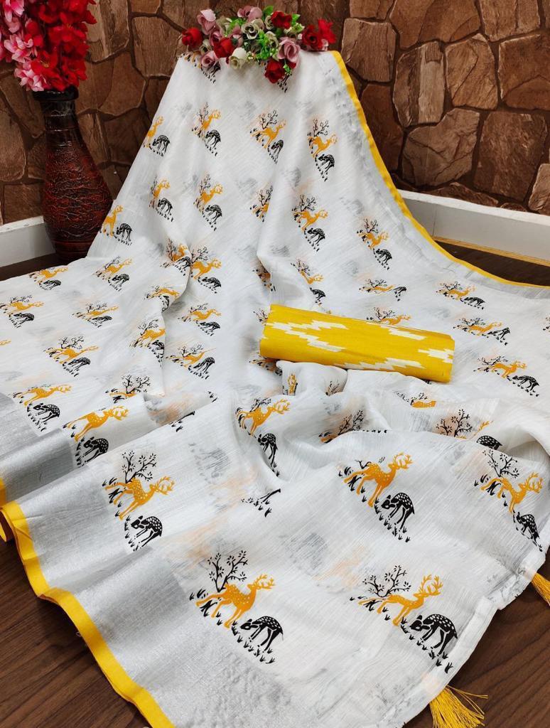 Printed Linen Saree for Women-SH0556