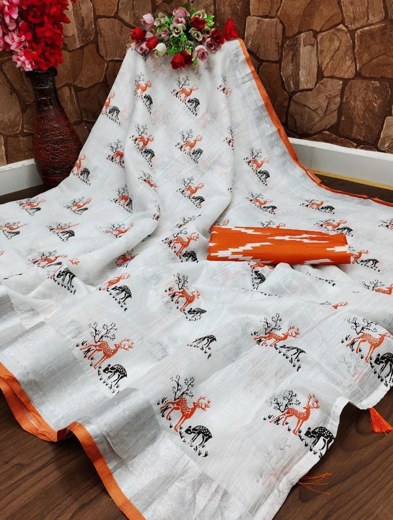 Printed Linen Saree for Women-SH0556