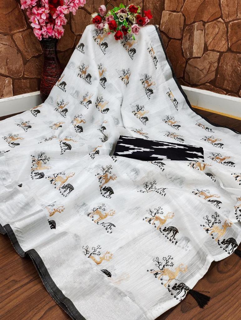 Printed Linen Saree for Women-SH0556