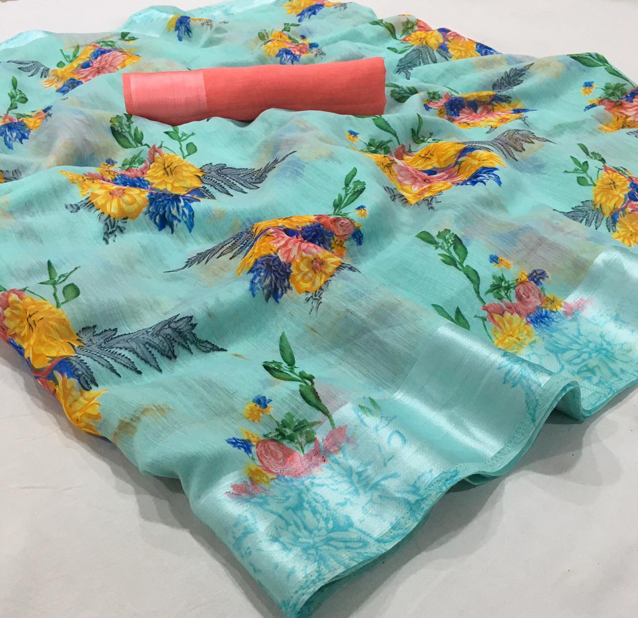 Linen Printed Cotton Sarees-SH0579