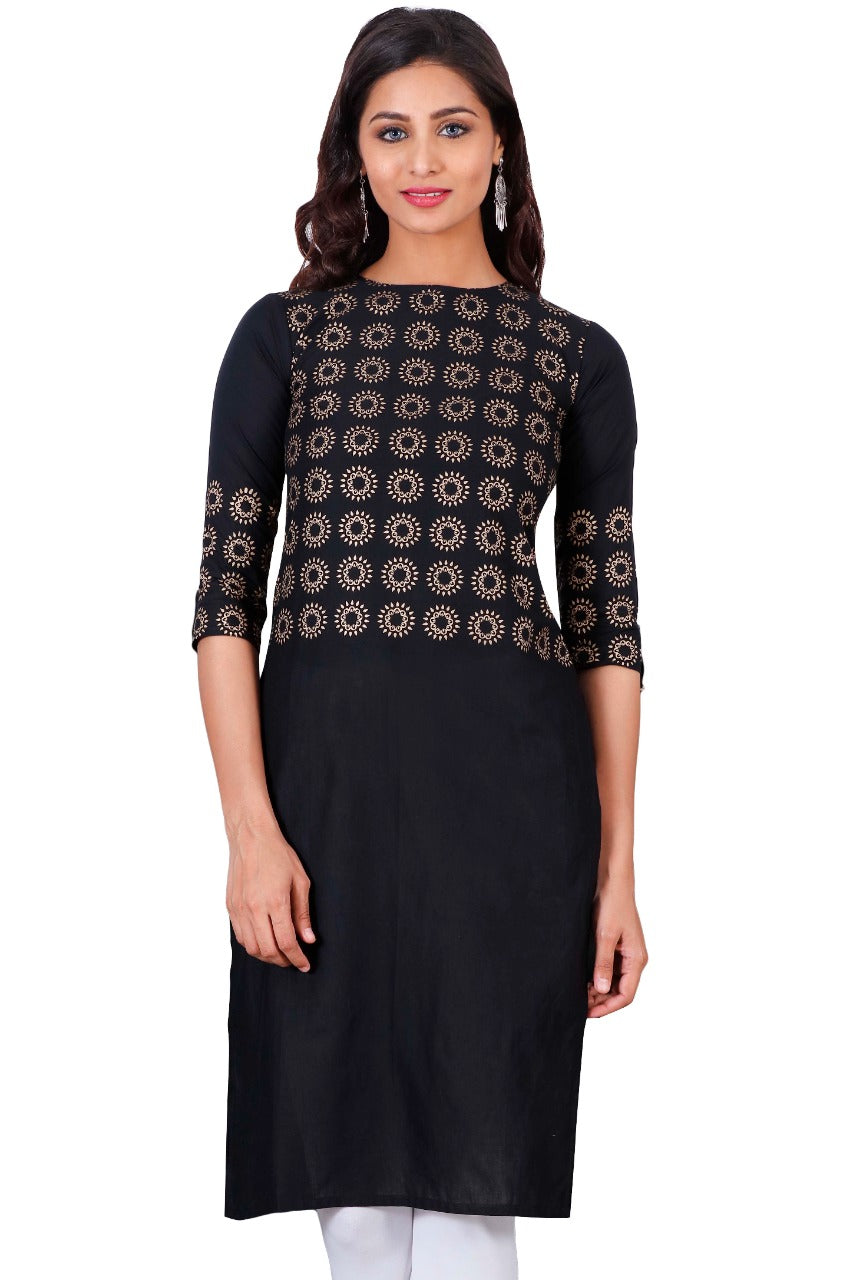 Gold Printed Cotton Kurtas for Women-SHK1104