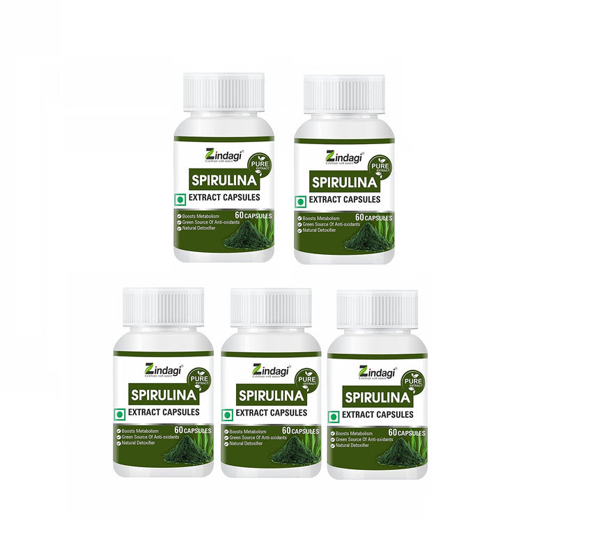 Zindagi Spirulina Extract 60 Capsule (500mg Each) - Naturally Grown, Vegan - (60 Capsules) - SHTZ1025