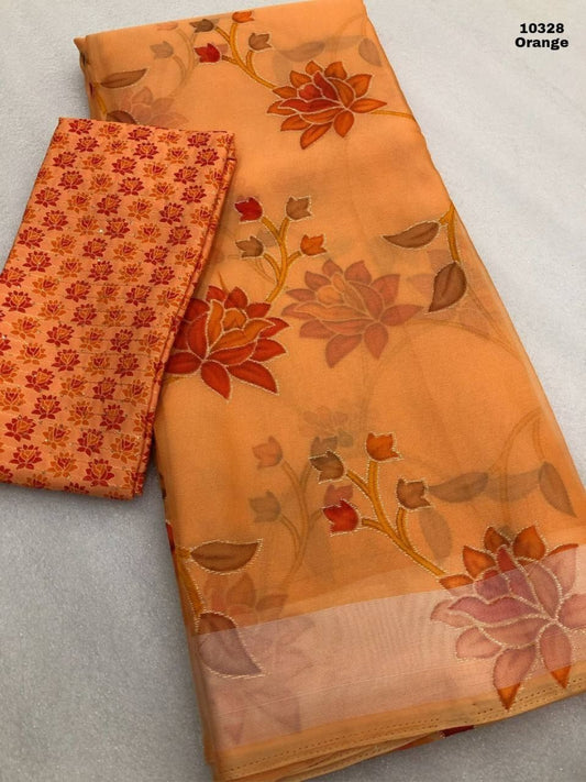 Organza Silk Floral Printed Sarees - SH0612