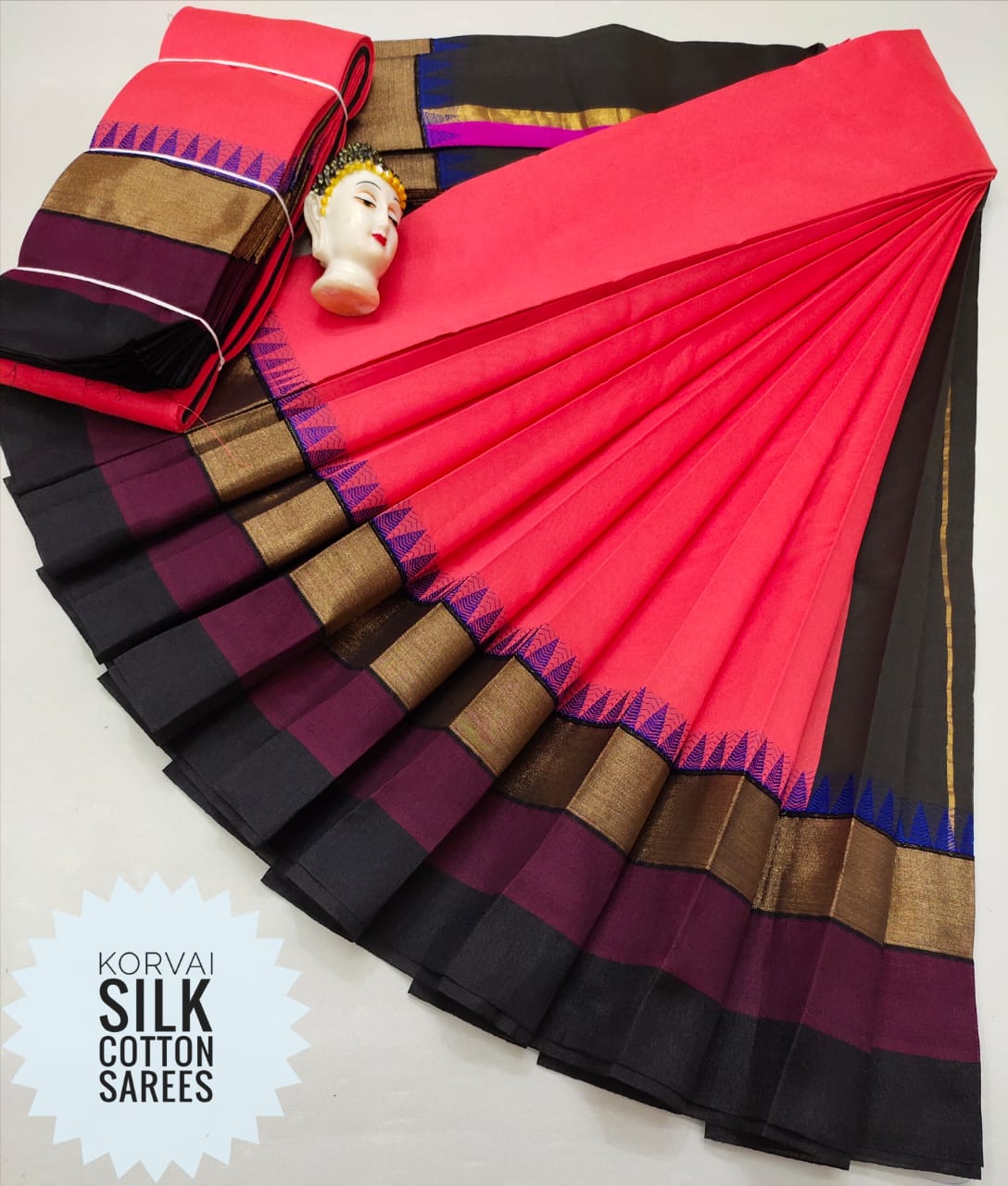 Kamna Pink Teal Kanchi Korvai Silk Cotton Saree | The Pallu Shop