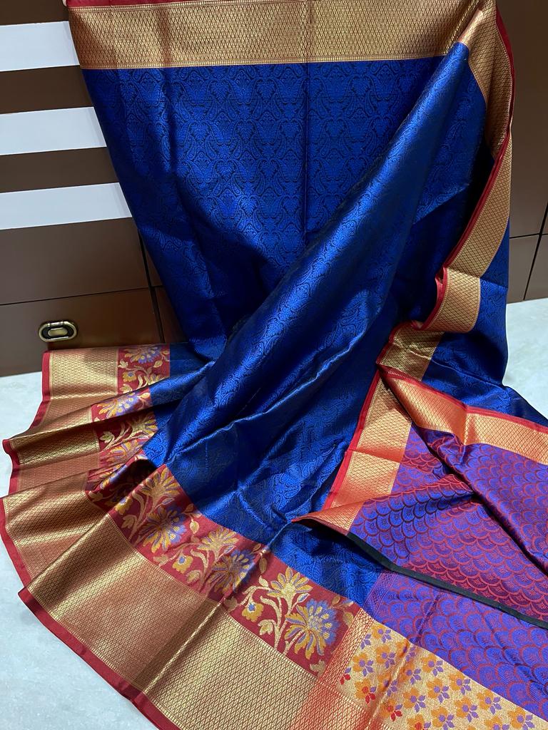 Banarasi Soft Kora Muslin Saree With Gorgeous Royal Blue Skirt Border -  Etsy Sweden