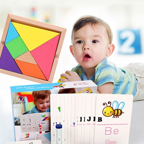 Wooden Colourful Alphabetic Tangram Letters Writing Card for Kids-SHTM1009