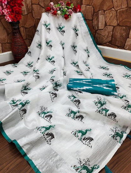 Printed Linen Saree for Women-SH0556