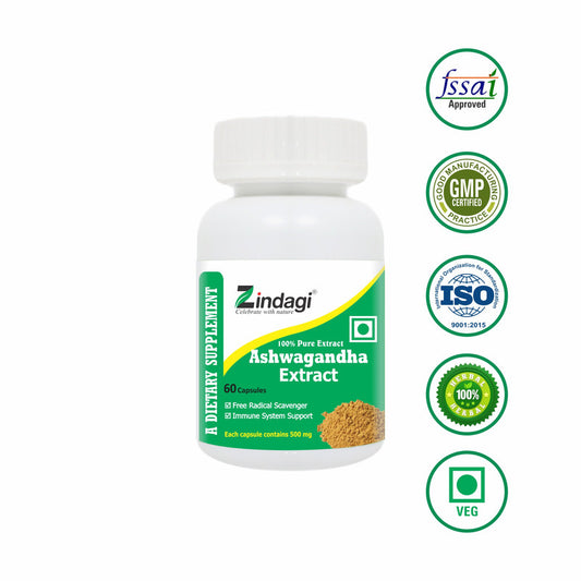 Zindagi Pure Ashwagandha Extract Capsules - Ayurvedic Herbal Supplement - Sugar Free Immunity Booster Powder (60 Capsules) - SHTZ1018