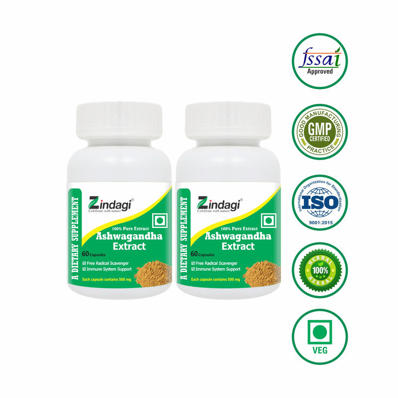 Zindagi Pure Ashwagandha Extract Capsules - Ayurvedic Herbal Supplement - Sugar Free Immunity Booster Powder (60 Capsules) - SHTZ1018