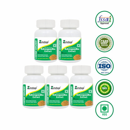 Zindagi Pure Ashwagandha Extract Capsules - Ayurvedic Herbal Supplement - Sugar Free Immunity Booster Powder (60 Capsules) - SHTZ1018