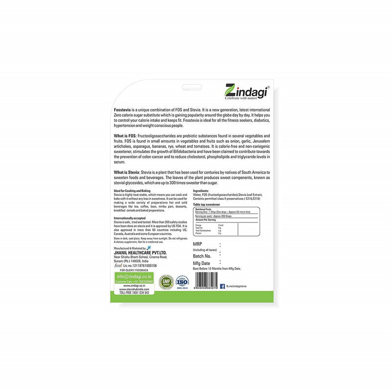 Zindagi FosStevia Liquid - Natural Stevia Liquid Drops - Sugar-Free Sweetener (200 Servings) Pack of 5- SHTZ1003
