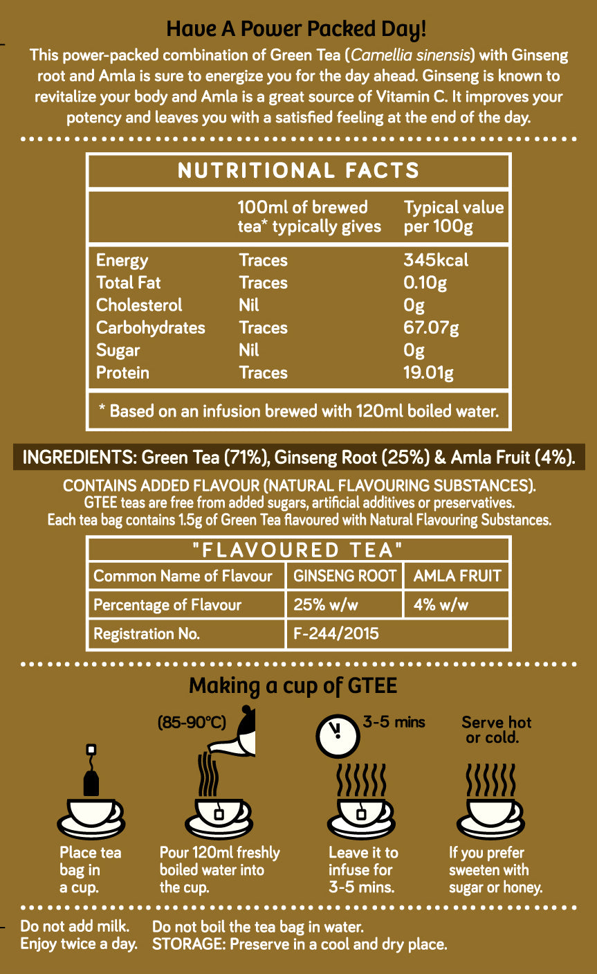 GTEE Green Tea Bags, Ginseng Root , 25 Tea Bags-SHN1004