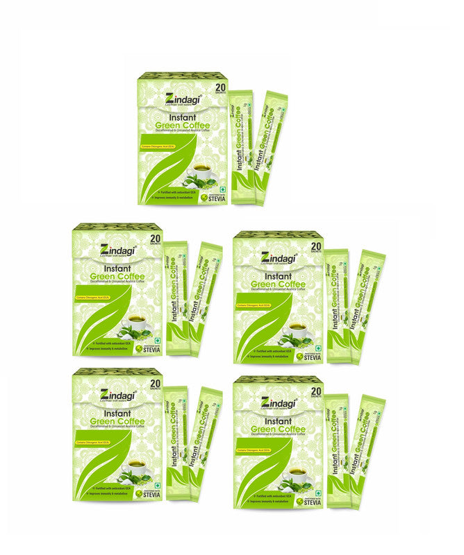 Zindagi Instant Green Coffee Sachets - Pure Green Coffee Extract Sweeten with Stevia (20 Sachets) - SHTZ1021