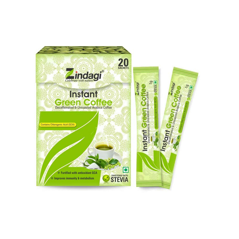 Zindagi Instant Green Coffee Sachets - Pure Green Coffee Extract Sweeten with Stevia (20 Sachets) - SHTZ1021