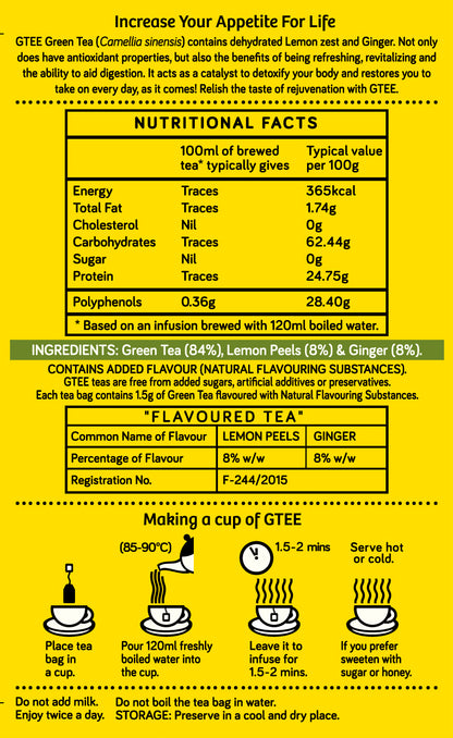 GTEE Green Tea Bags, Lemon & Ginger , 25 Tea Bags-SHN1005