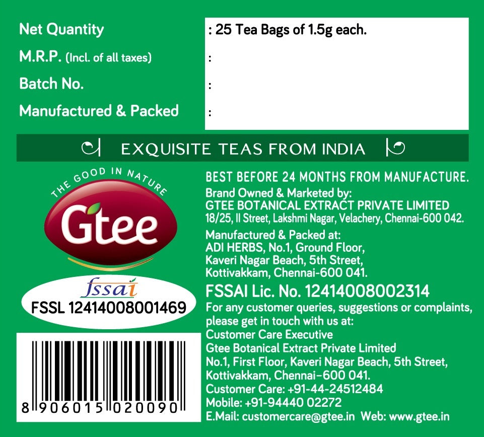 GTEE Green Tea Bags, Mint Leaves , 25 Tea Bags-SHN1006