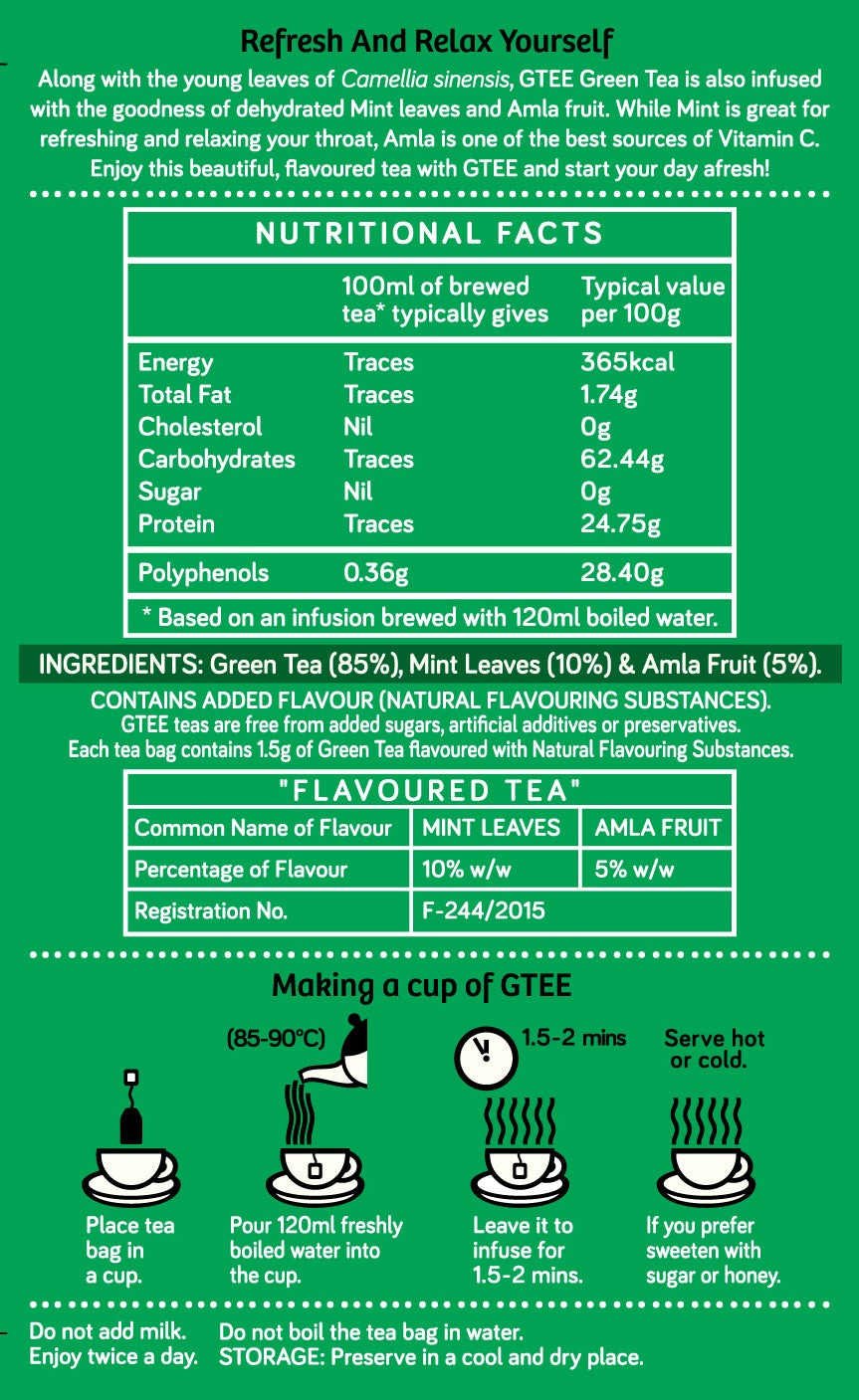 GTEE Green Tea Bags, Mint Leaves , 25 Tea Bags-SHN1006