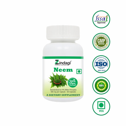 Zindagi 100% Pure Neem Extract Capsules - Dietary Supplement - Anti Bacterial Properties - (60 Capsules) - SHTZ1020