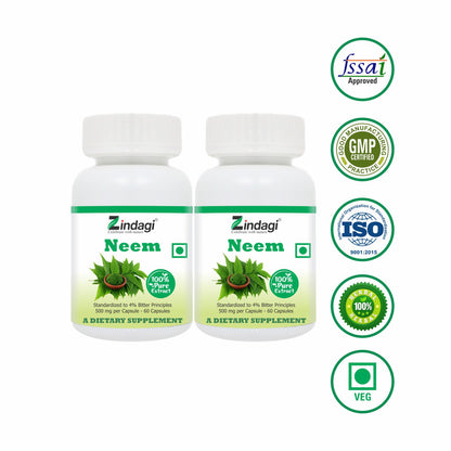 Zindagi 100% Pure Neem Extract Capsules - Dietary Supplement - Anti Bacterial Properties - (60 Capsules) - SHTZ1020