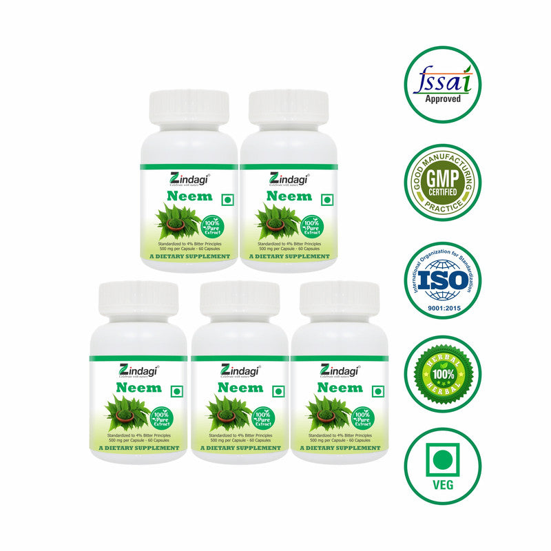 Zindagi 100% Pure Neem Extract Capsules - Dietary Supplement - Anti Bacterial Properties - (60 Capsules) - SHTZ1020