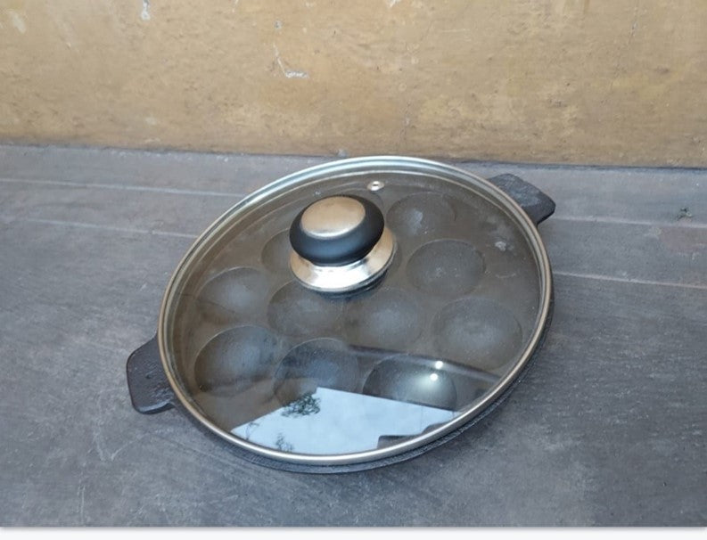 12 Pits Cast Iron Paniyaram Pan with Glass Lid-SHC1018