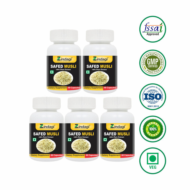 Zindagi Safed Musli Capsules - Strength Stamina & Performance - 100% Pure Musli Extract (60 Capsules) - SHTZ1022