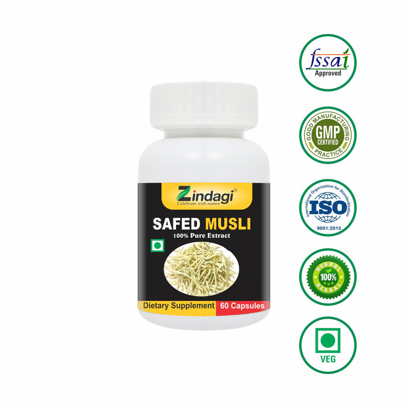 Zindagi Safed Musli Capsules - Strength Stamina & Performance - 100% Pure Musli Extract (60 Capsules) - SHTZ1022