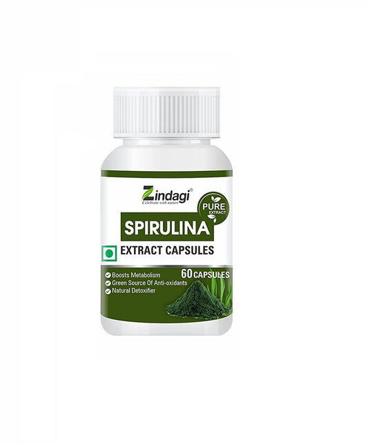 Zindagi Spirulina Extract 60 Capsule (500mg Each) - Naturally Grown, Vegan - (60 Capsules) - SHTZ1025