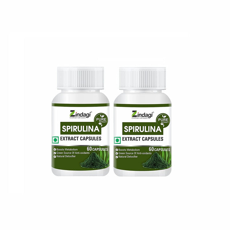Zindagi Spirulina Extract 60 Capsule (500mg Each) - Naturally Grown, Vegan - (60 Capsules) - SHTZ1025