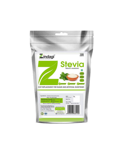 Zindagi Stevia Sachets - Pure Stevia White Powder - Natural Fat Burner - Sugar Free Sweetener,100 Sachets - SHTZ1007