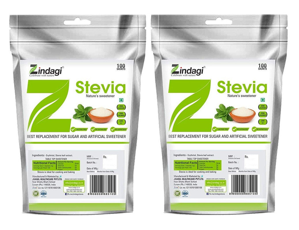 Zindagi Stevia Sachets - Pure Stevia White Powder - Natural Fat Burner - Sugar Free Sweetener,100 Sachets - SHTZ1007