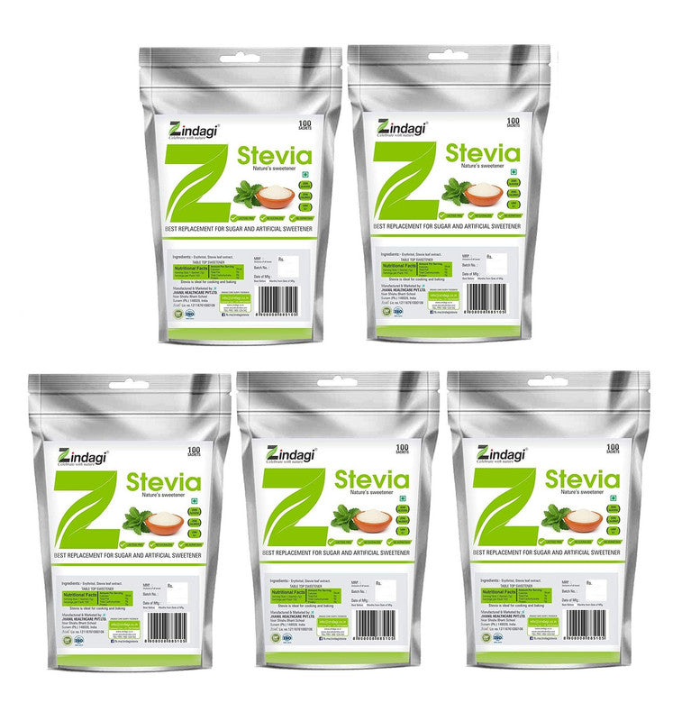 Zindagi Stevia Sachets - Pure Stevia White Powder - Natural Fat Burner - Sugar Free Sweetener,100 Sachets - SHTZ1007
