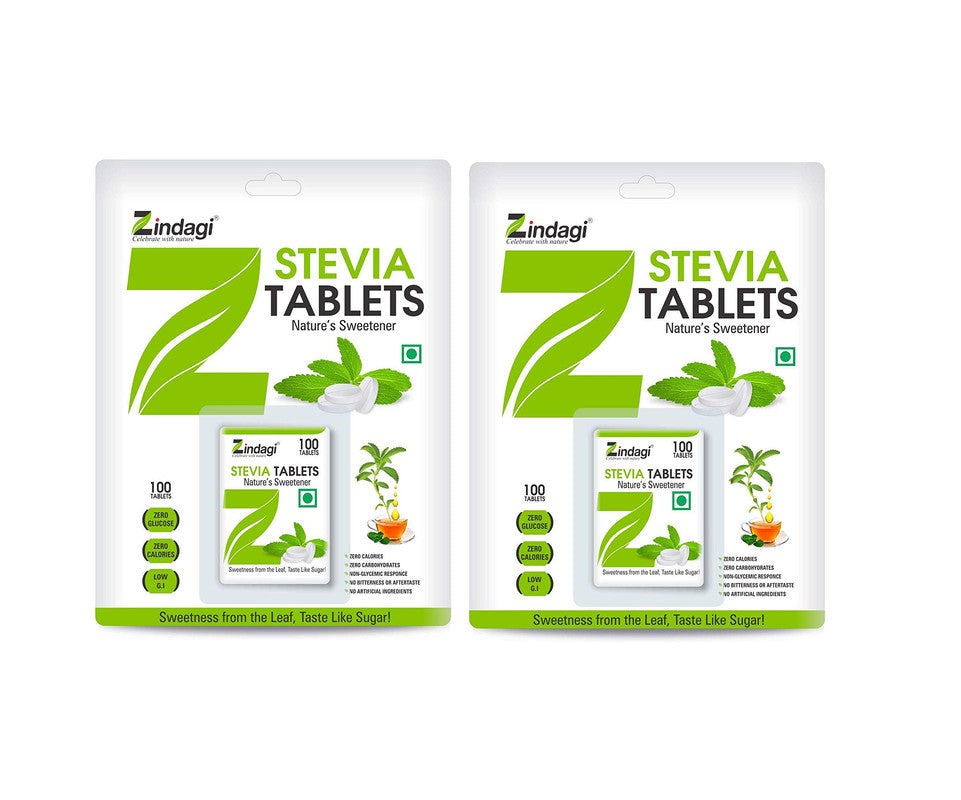 Zindagi Stevia Tablet - 100% Sugarfree Sweetener - Natural Weight Management - Health Substitute for Diabetics (100 Tablets Each) - SHTZ1010