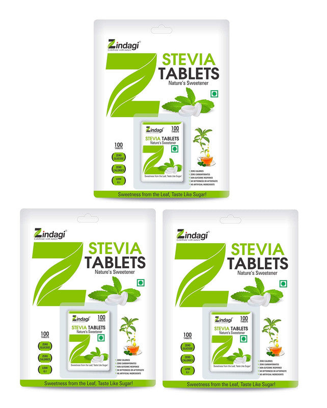 Zindagi Stevia Tablet - 100% Sugarfree Sweetener - Natural Weight Management - Health Substitute for Diabetics (100 Tablets Each) - SHTZ1010