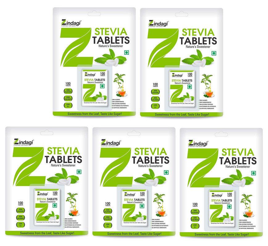 Zindagi Stevia Tablet - 100% Sugarfree Sweetener - Natural Weight Management - Health Substitute for Diabetics (100 Tablets Each) - SHTZ1010