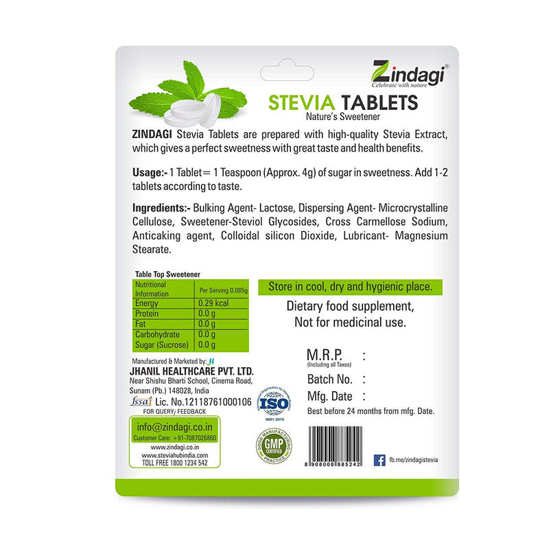 Zindagi Stevia Tablet - 100% Sugarfree Sweetener - Natural Weight Management - Health Substitute for Diabetics (100 Tablets Each) - SHTZ1010