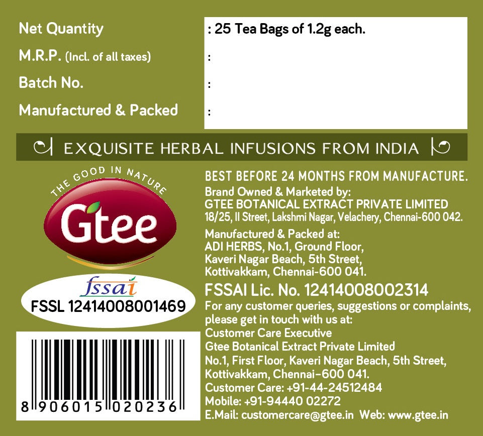 GTEE Green Tea Bags, Tulsi , 25 Tea Bags-SHN1009